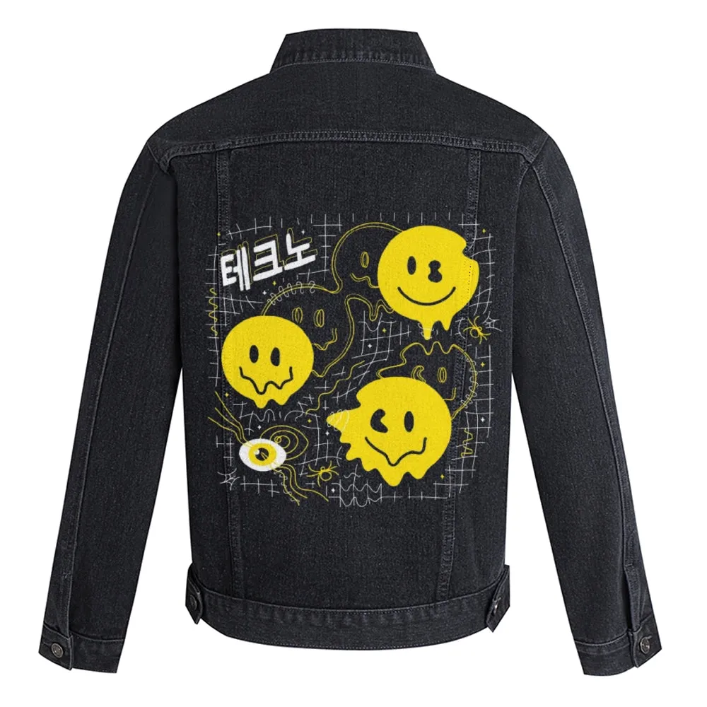 Mens Vintage Cartoon Prints Smiling Face Denim Jacket