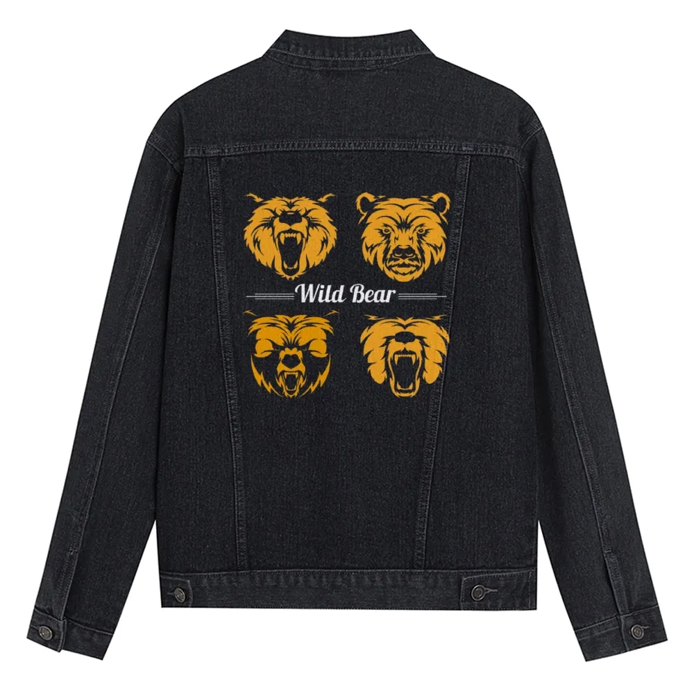 Mens Vintage Cartoon Prints Wild Bear Denim Jacket