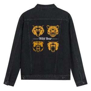 Mens Vintage Cartoon Prints Wild Bear Denim Jacket