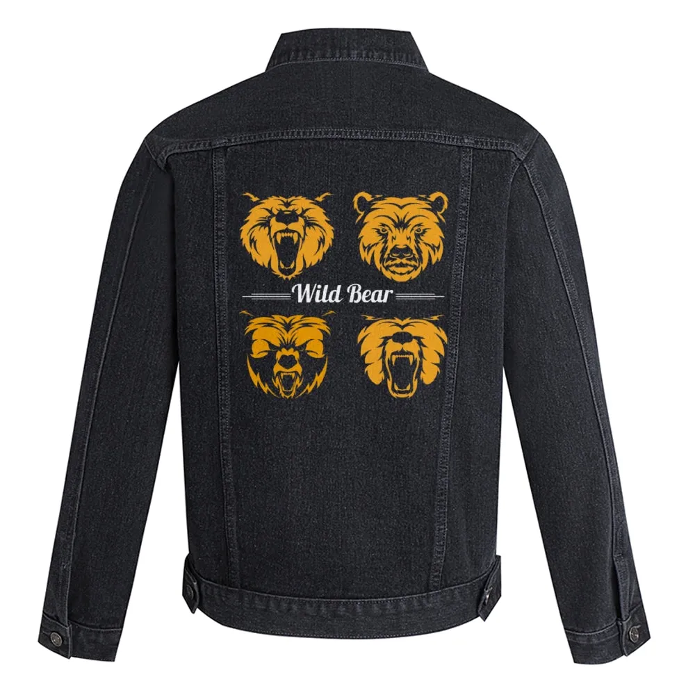 Mens Vintage Cartoon Prints Wild Bear Denim Jacket