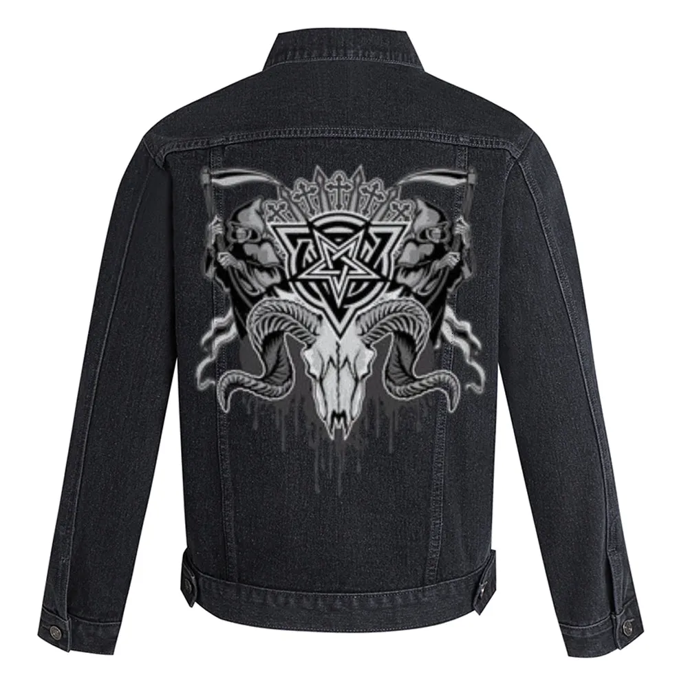 Mens Vintage Gothic Grunge Graphic Button Up Denim Jacket