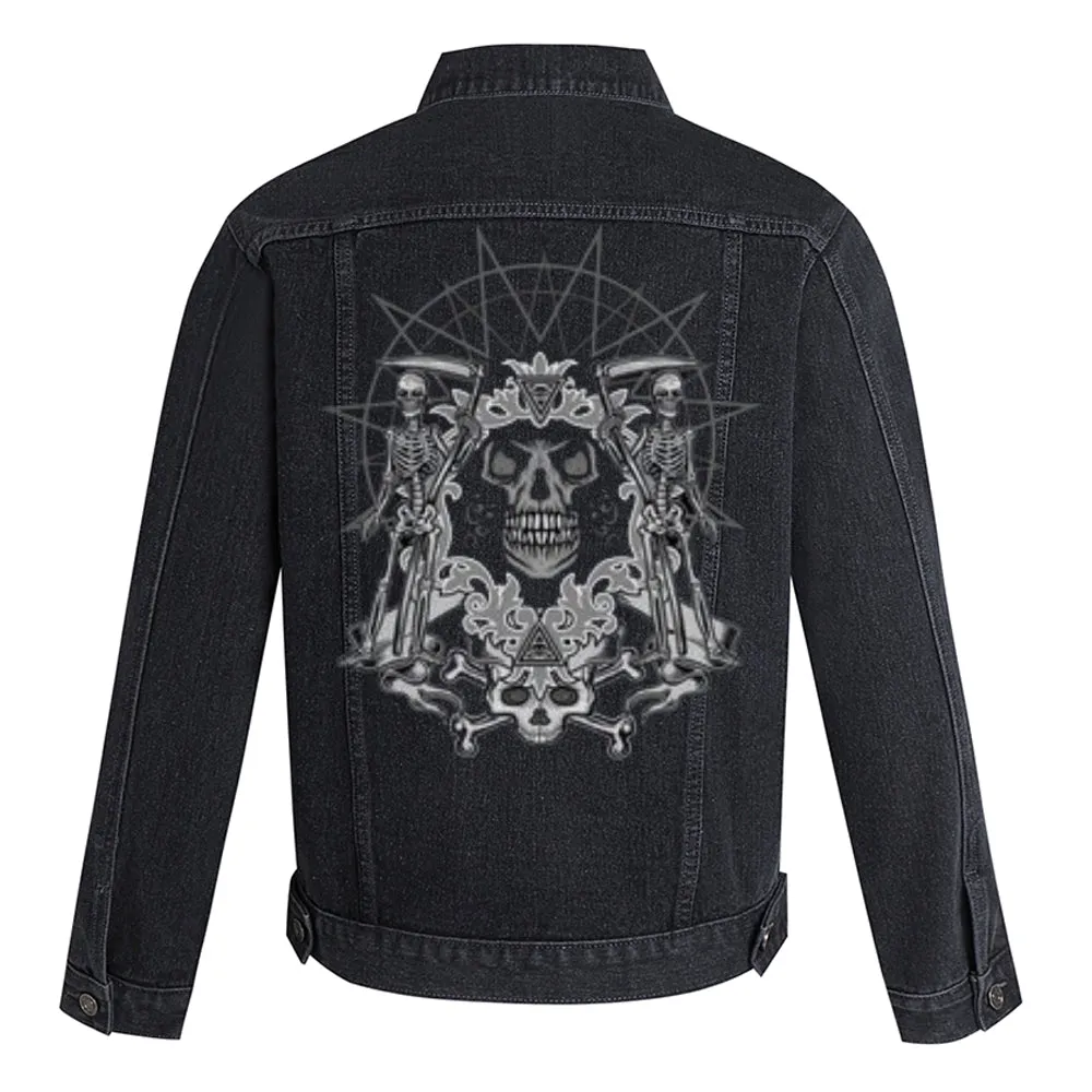 Mens Vintage Gothic Skull Graphic Button Up Denim Jacket
