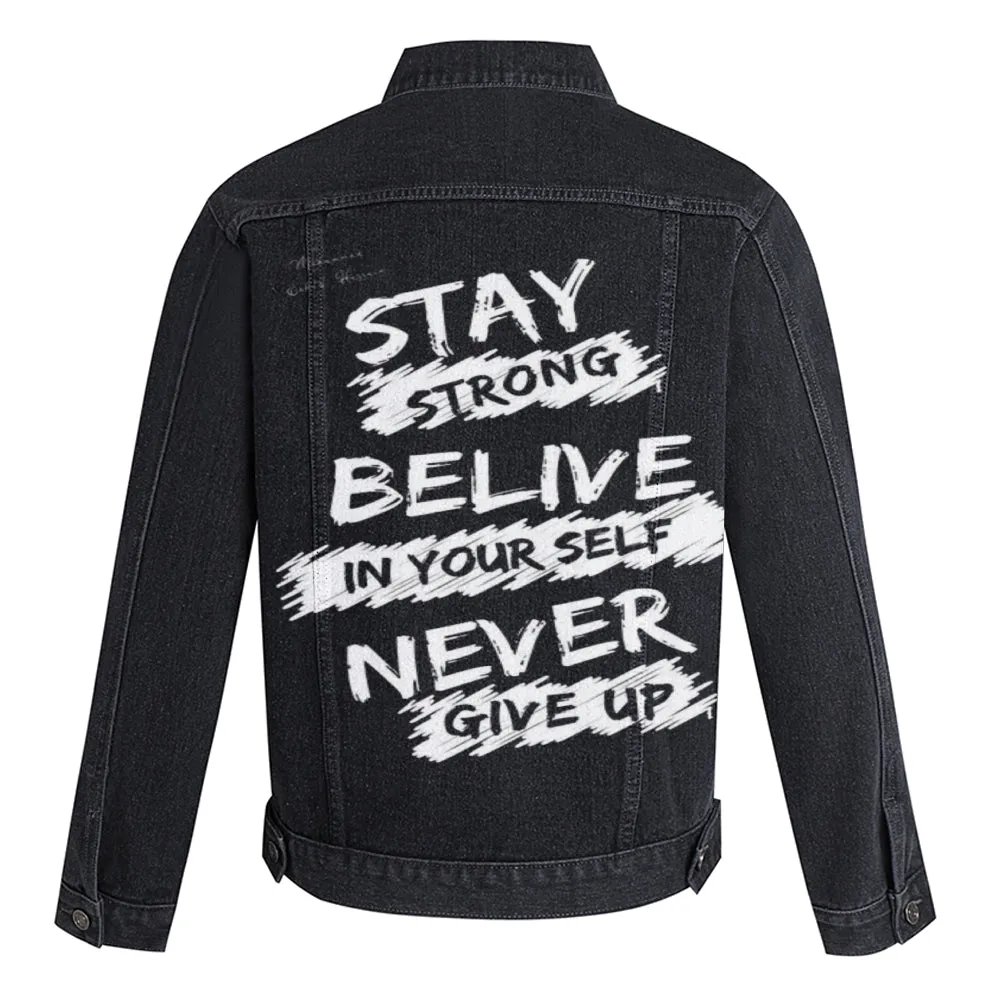 Mens Vintage Spirit Letter Graphic Button Up Denim Jacket