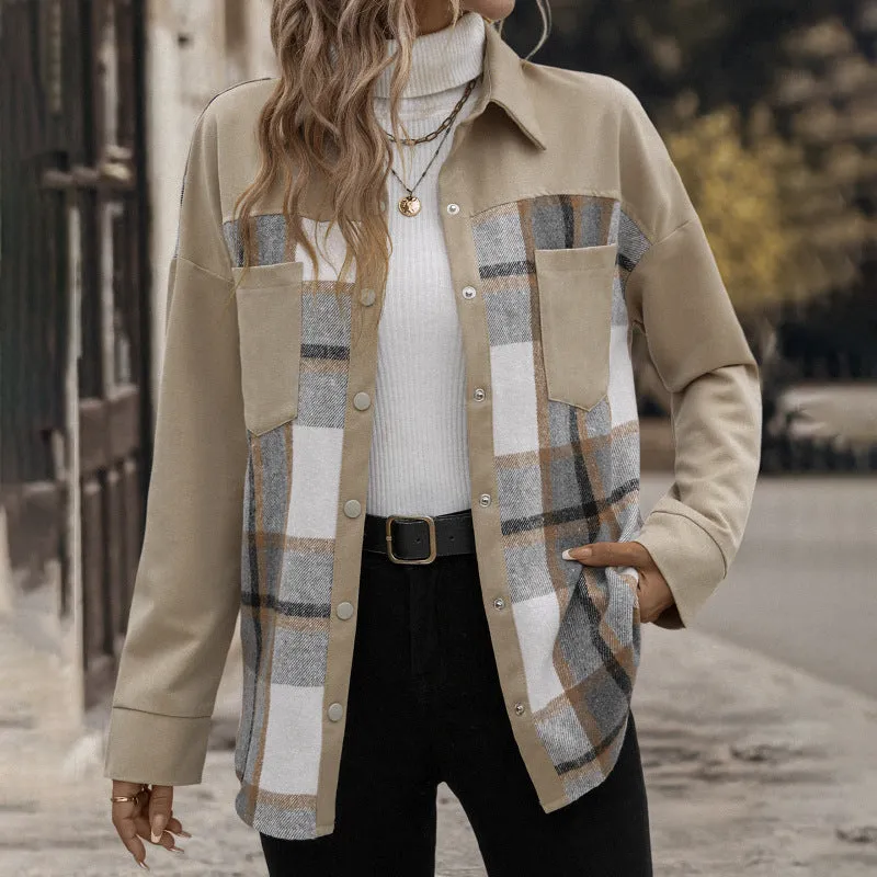 PEOPLETERRITORY  fashion lapel plaid long-sleeved jacket autumn and winter women's clothing single-breasted versatile casual coat women