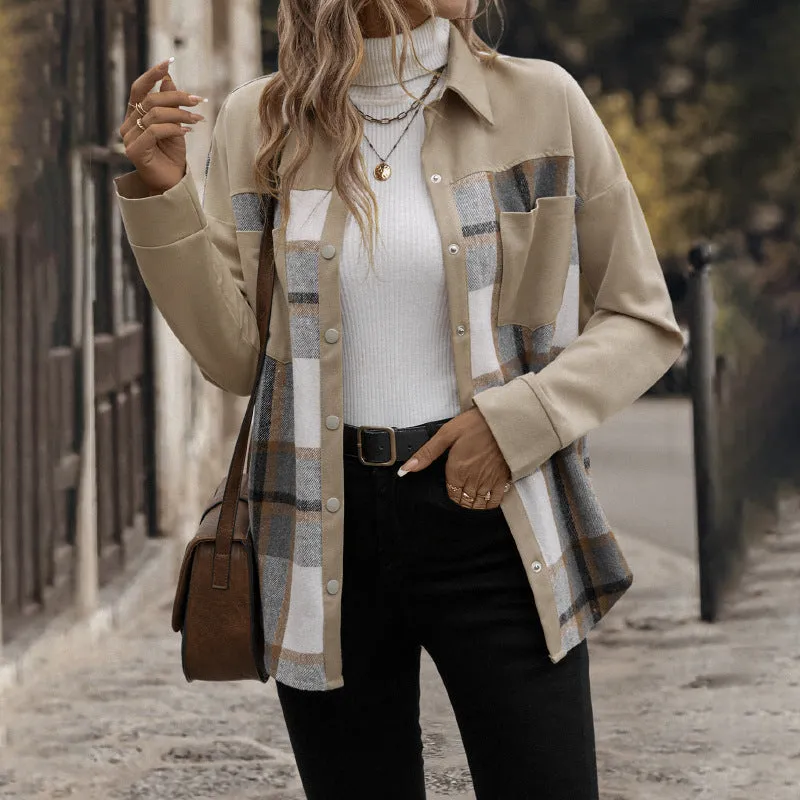 PEOPLETERRITORY  fashion lapel plaid long-sleeved jacket autumn and winter women's clothing single-breasted versatile casual coat women
