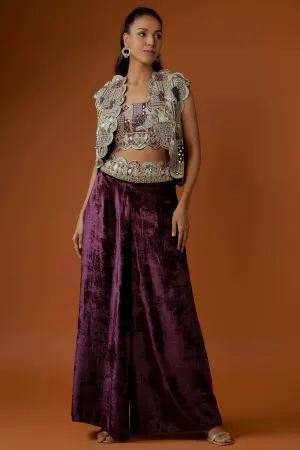 Purple Embroidered Scallop Jacket With Front Embroidered Bustier And Velvet Palazzo