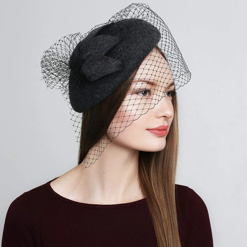 Small Wool Felt Beret With Veil Ladies Winter Hat