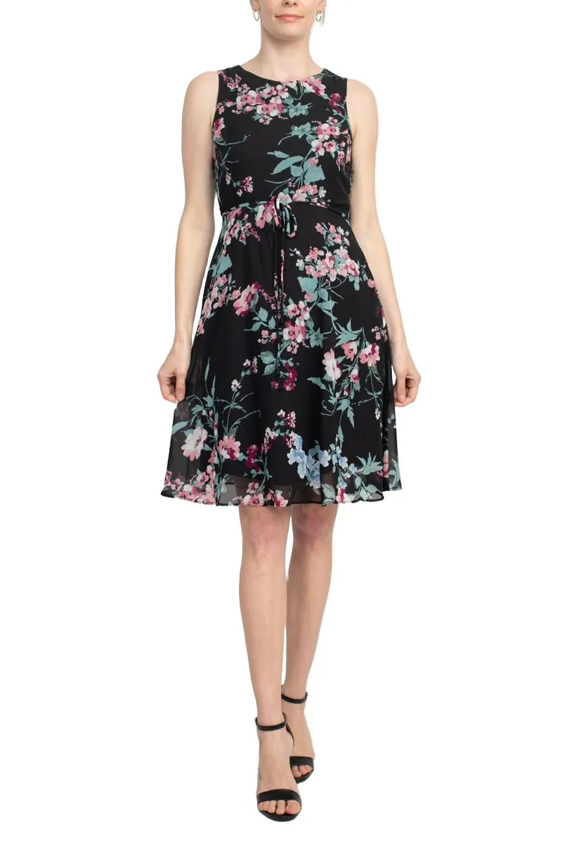 Studio One Crew Neck Sleeveless Tie Waist Floral Print Chiffon Dress with 3/4 Sleeve Textured Bolero