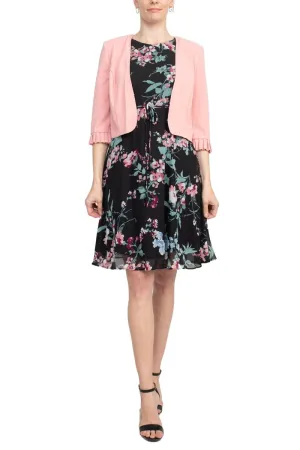 Studio One Crew Neck Sleeveless Tie Waist Floral Print Chiffon Dress with 3/4 Sleeve Textured Bolero