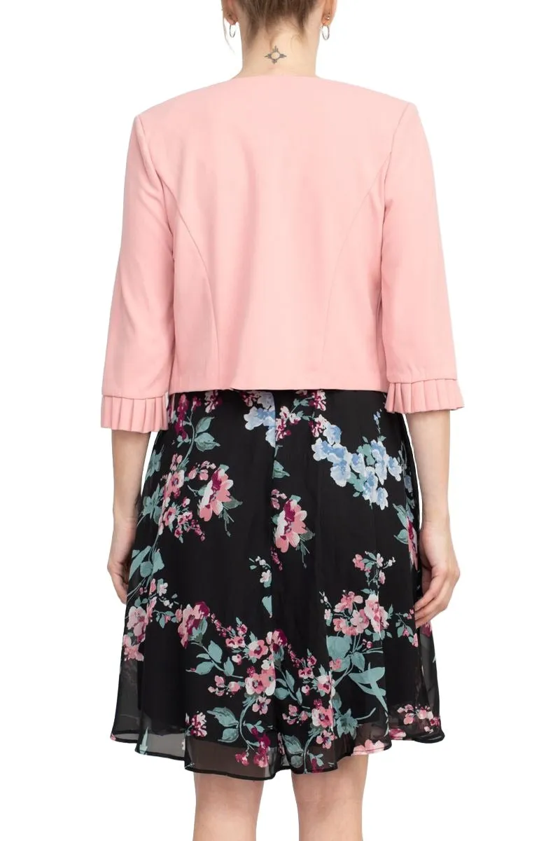 Studio One Crew Neck Sleeveless Tie Waist Floral Print Chiffon Dress with 3/4 Sleeve Textured Bolero
