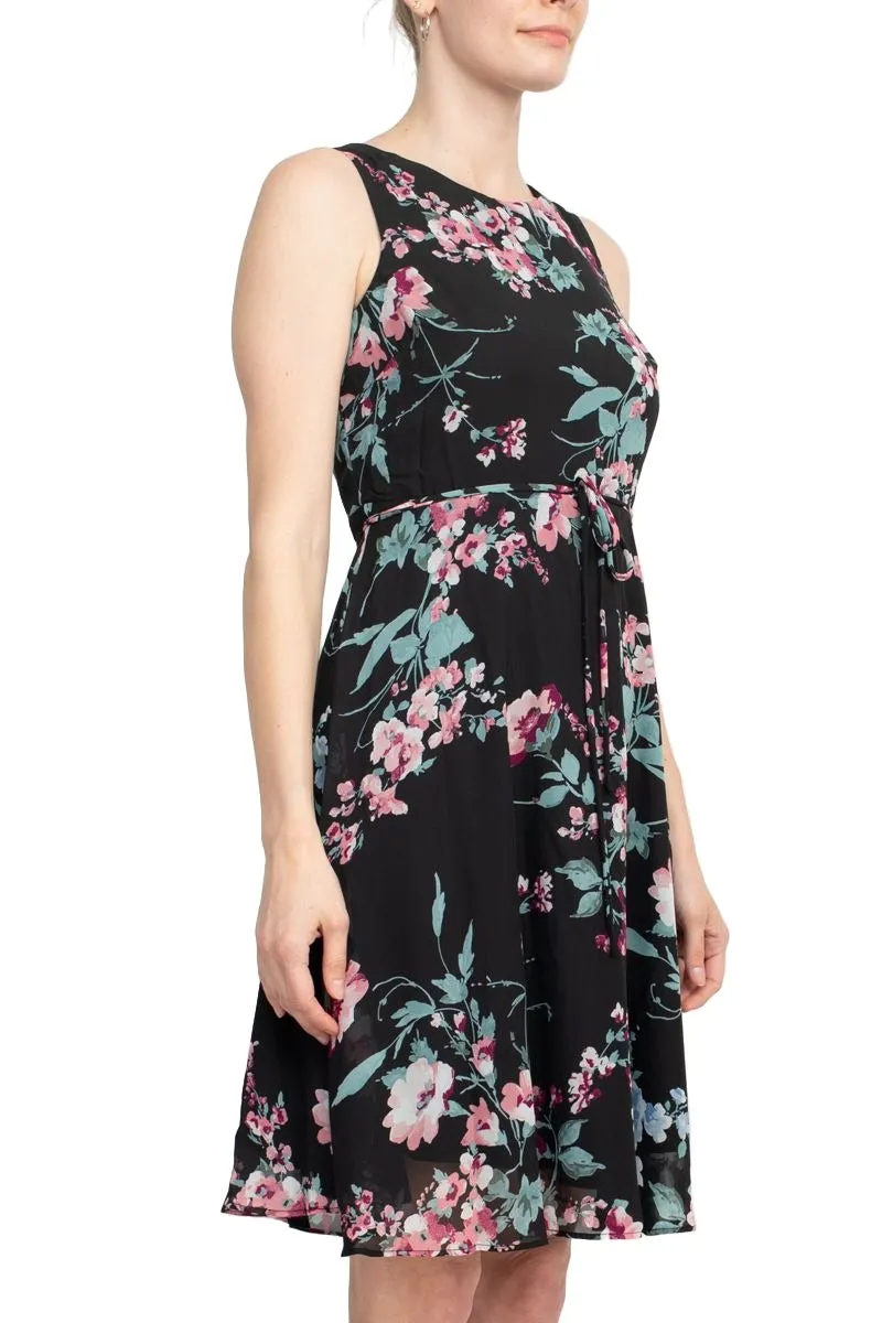 Studio One Crew Neck Sleeveless Tie Waist Floral Print Chiffon Dress with 3/4 Sleeve Textured Bolero