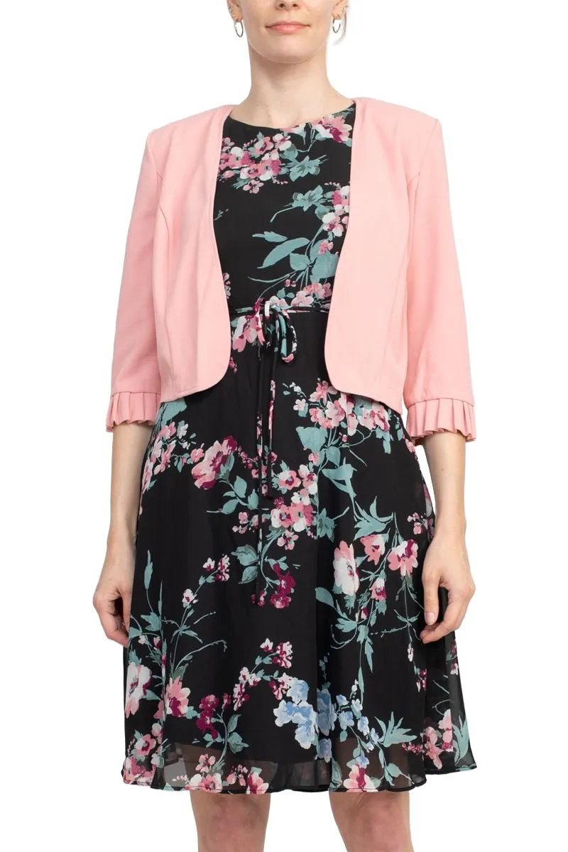 Studio One Crew Neck Sleeveless Tie Waist Floral Print Chiffon Dress with 3/4 Sleeve Textured Bolero