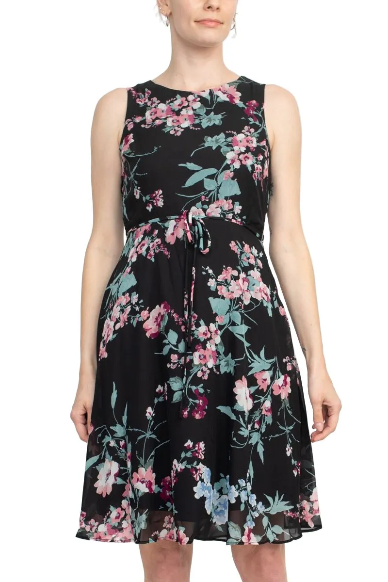 Studio One Crew Neck Sleeveless Tie Waist Floral Print Chiffon Dress with 3/4 Sleeve Textured Bolero