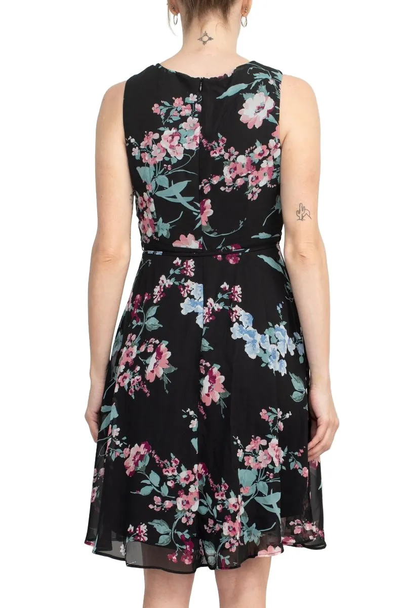 Studio One Crew Neck Sleeveless Tie Waist Floral Print Chiffon Dress with 3/4 Sleeve Textured Bolero
