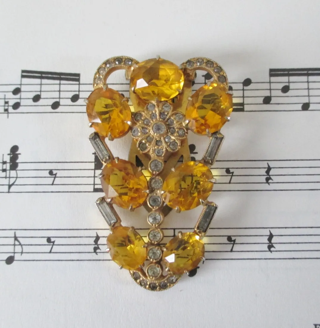 Vintage 1930's / 1940's Amber Topaz Rhinestone Dress Fur Scarf Clip
