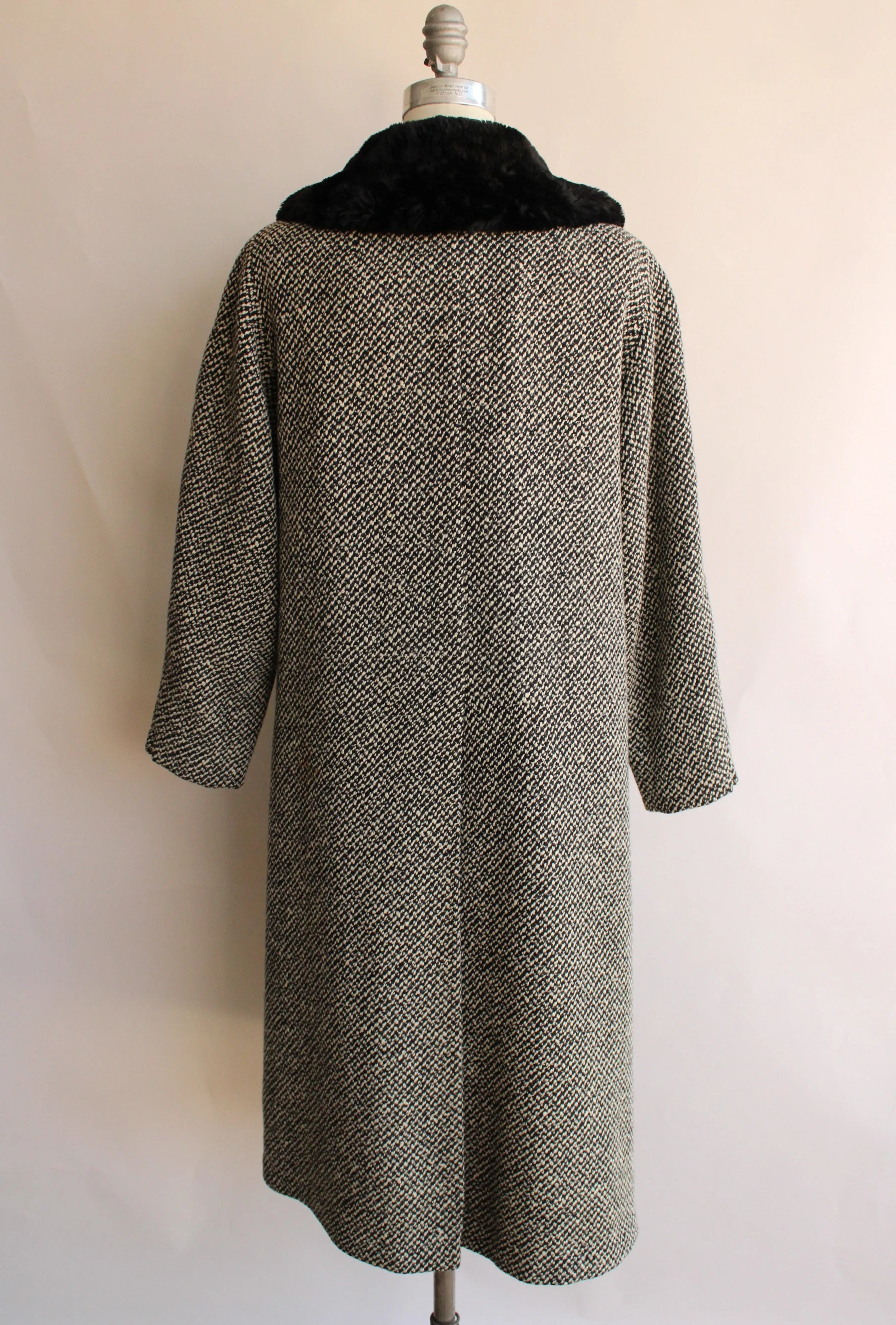 Vintage 1950s Bergdorf Goodman Black and White Tweed Wool Overcoat With Faux Fur Collar