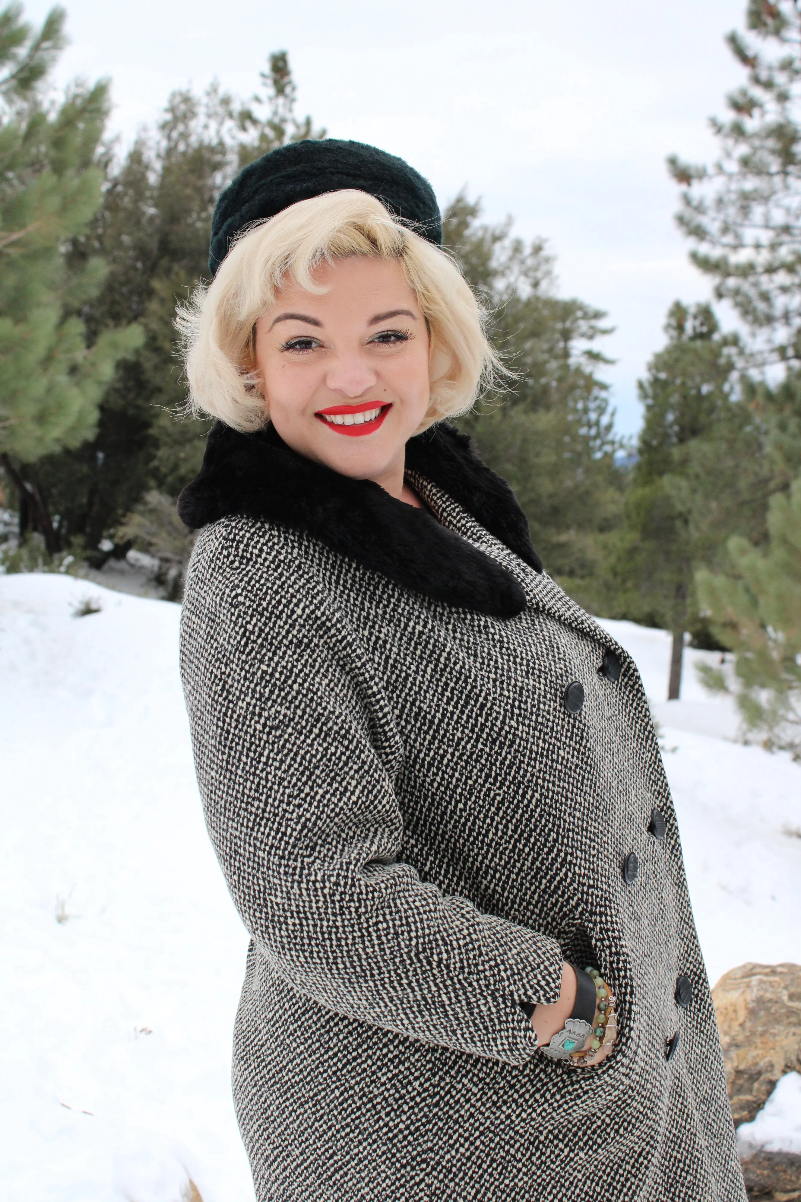 Vintage 1950s Bergdorf Goodman Black and White Tweed Wool Overcoat With Faux Fur Collar