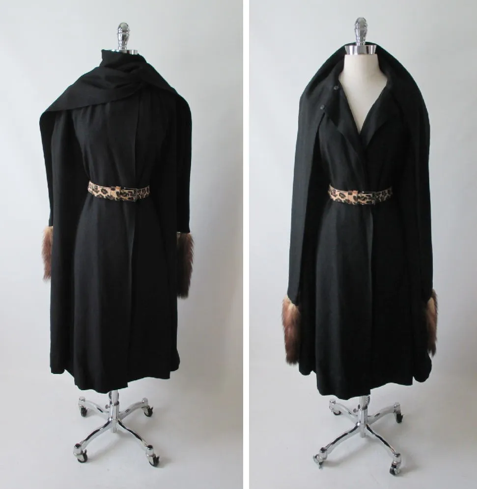  Vintage 50's 60's Mink Tail Scarf Black Cape Wrap Coat One Size