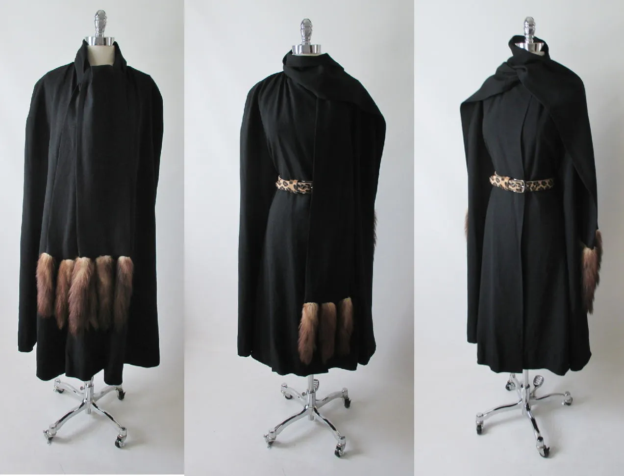  Vintage 50's 60's Mink Tail Scarf Black Cape Wrap Coat One Size
