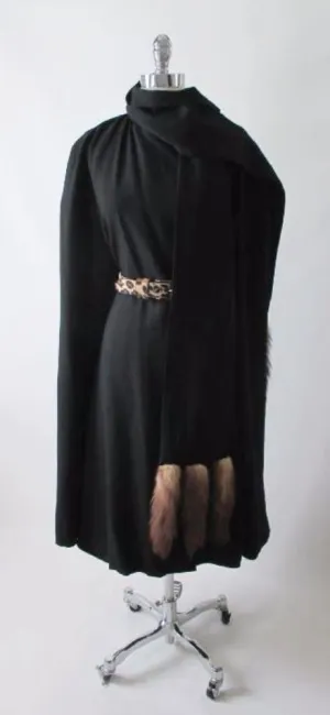  Vintage 50's 60's Mink Tail Scarf Black Cape Wrap Coat One Size