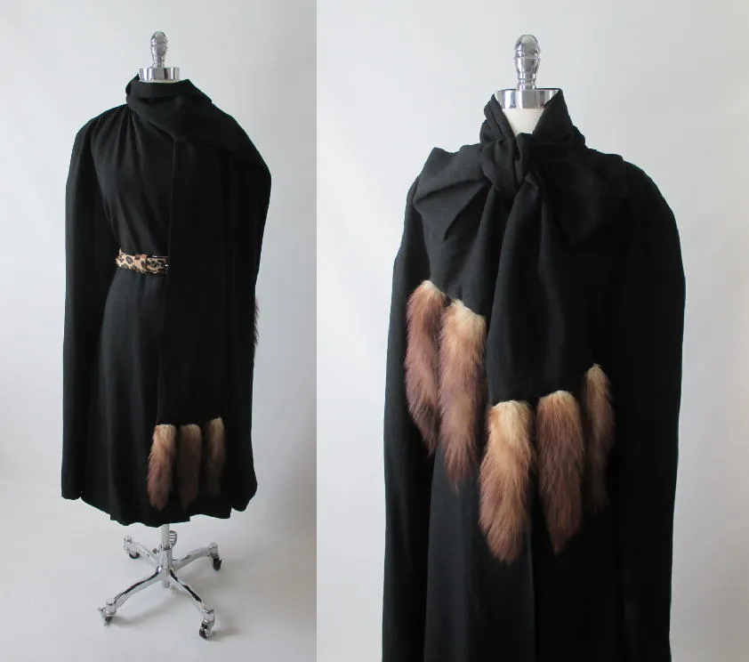  Vintage 50's 60's Mink Tail Scarf Black Cape Wrap Coat One Size