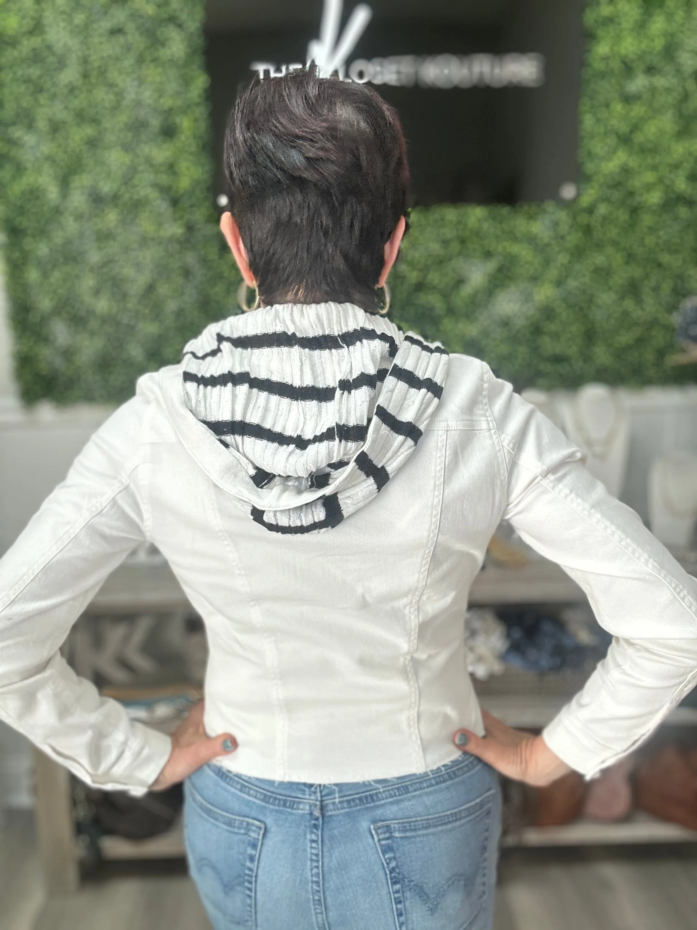 White Jean Jacket With Striped Dickey