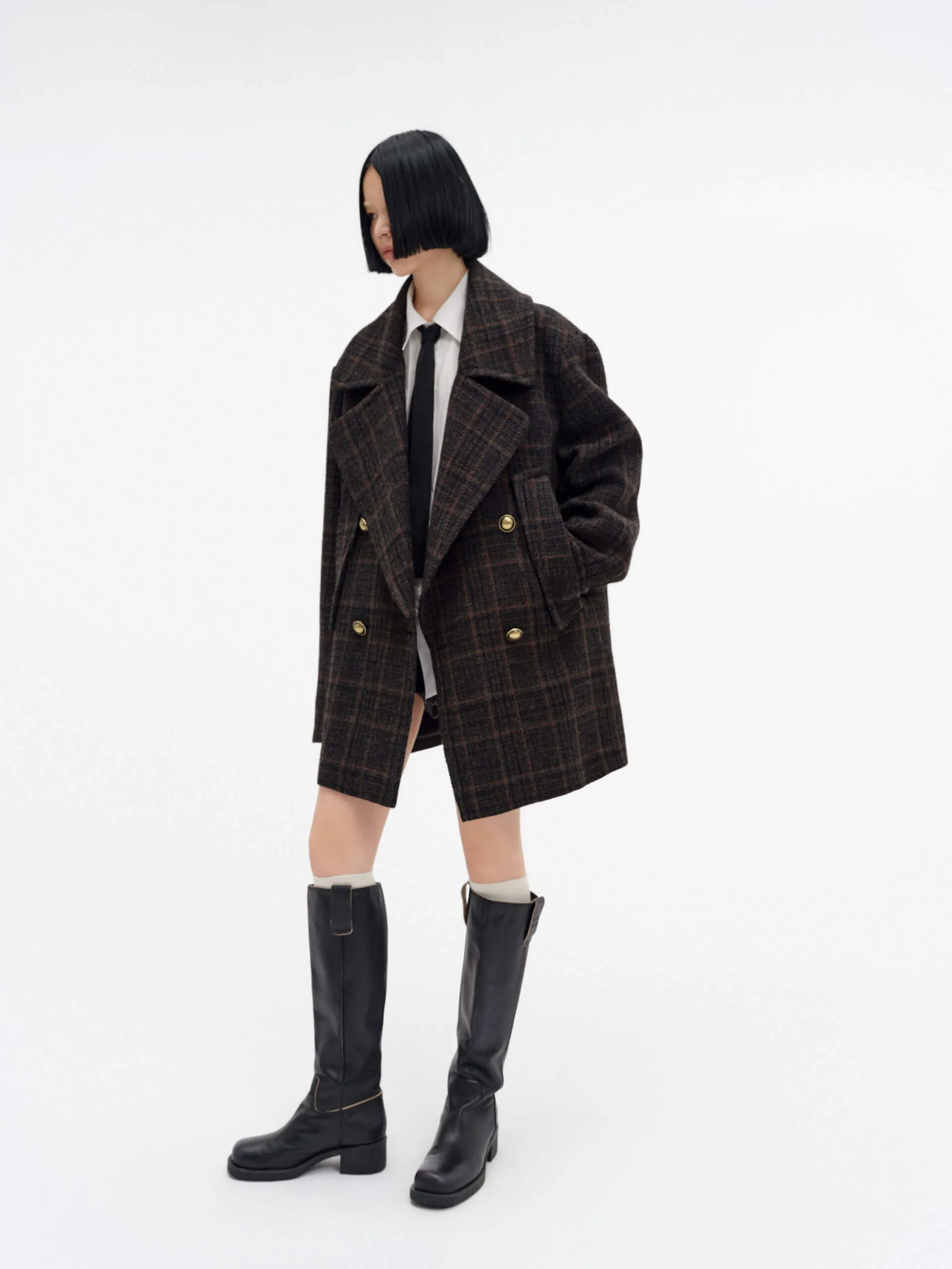 Wide Collar Checked Coat