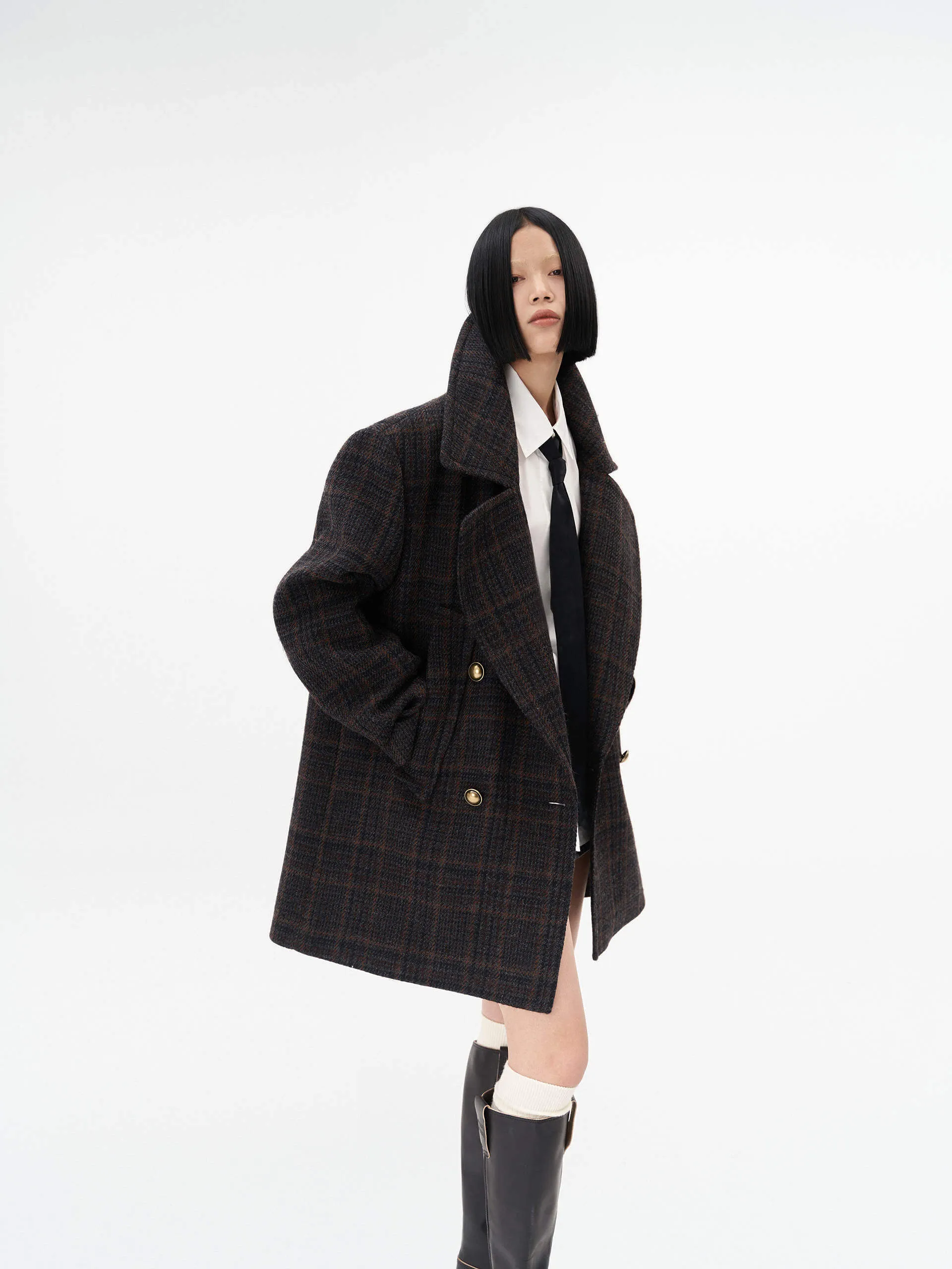 Wide Collar Checked Coat