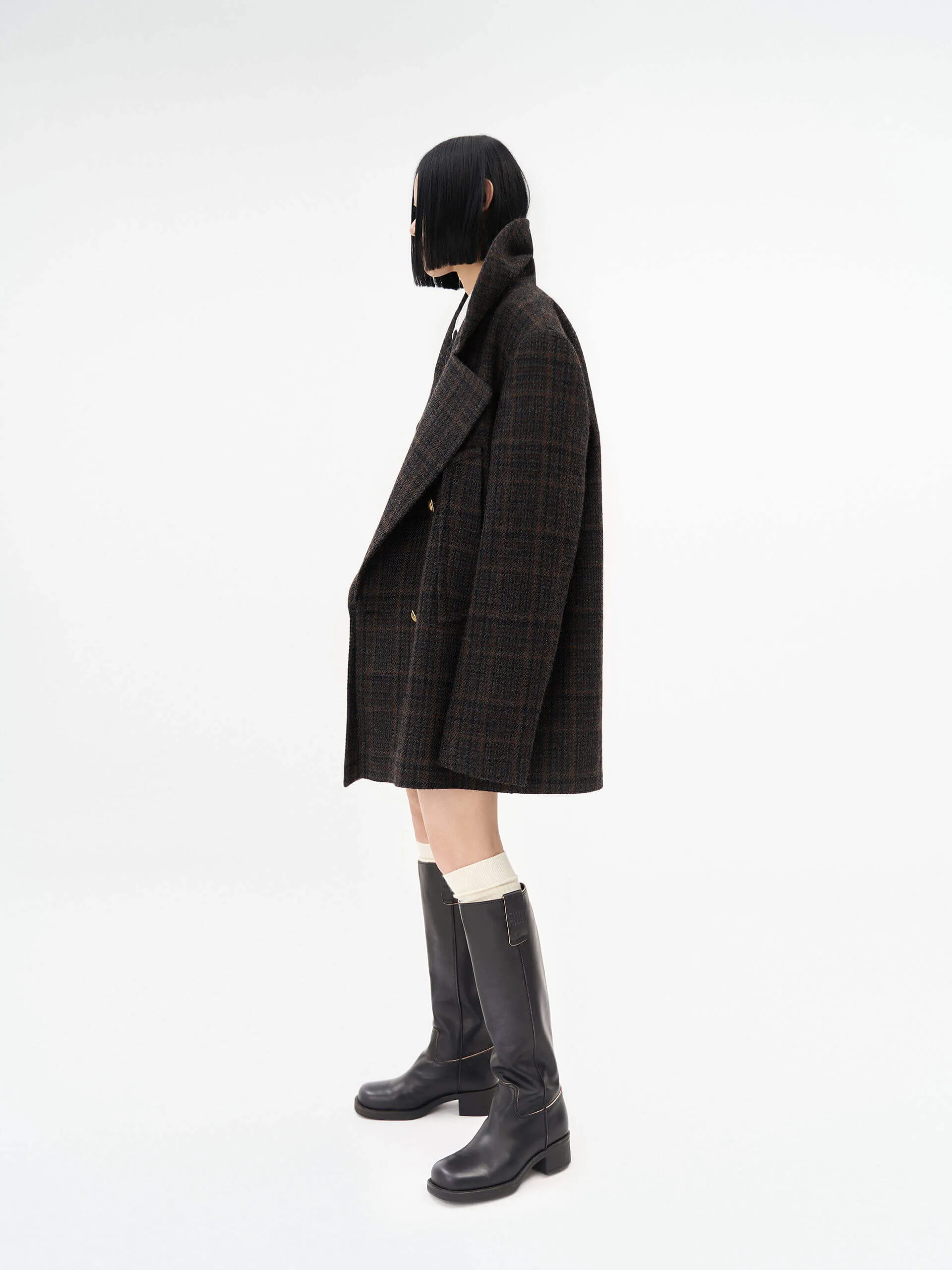 Wide Collar Checked Coat