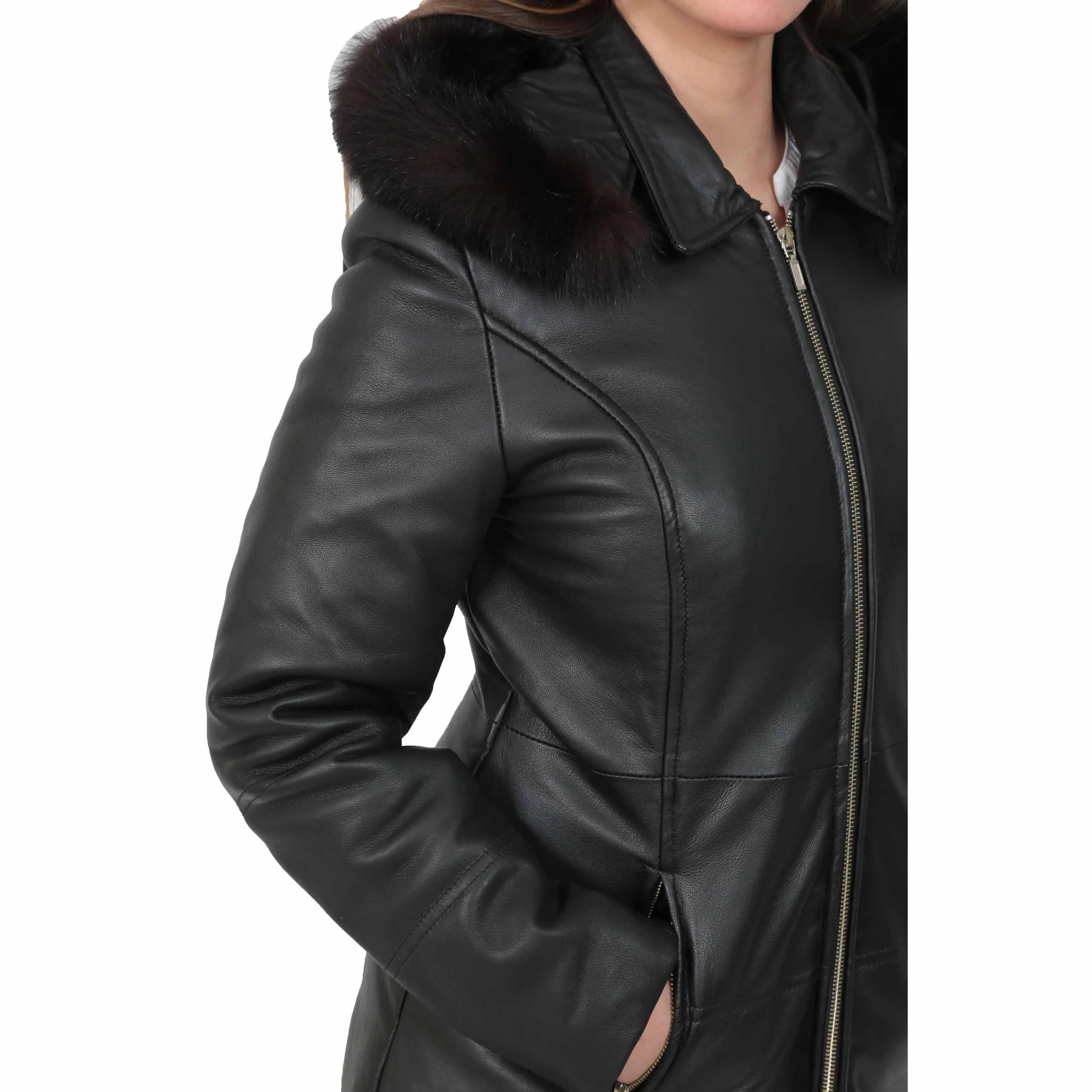 Womens Quilted 3/4 Long Parka Leather Coat with Hood Kelly Black